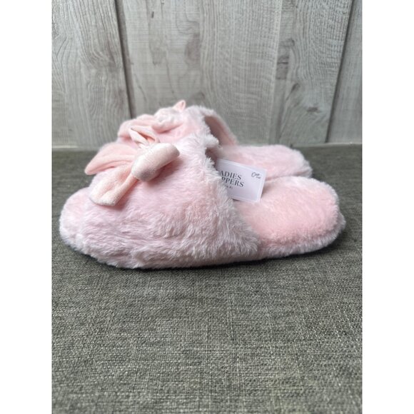 Womens Fuzzy Open Toe Pink Slippers Bow Trim Non-Slip Sole Size S 6-8 Comfy - Picture 4 of 6